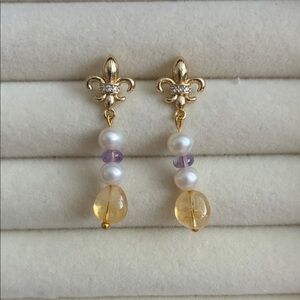 Gold Fleur-de-Lis Pearl Drop Earrings Amethyst Citrine